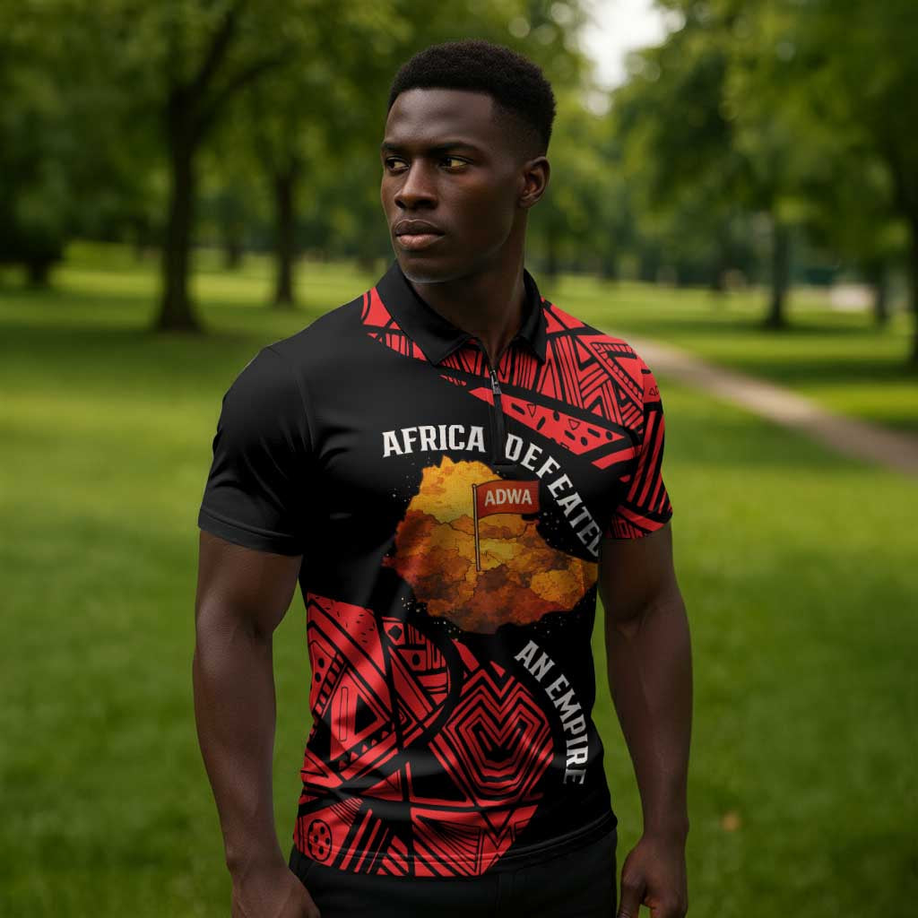 Menelik II Zipper Polo Shirt with Adwa Victory Map, Africa Defeated an Empire Text and Red Geometric - African Pride