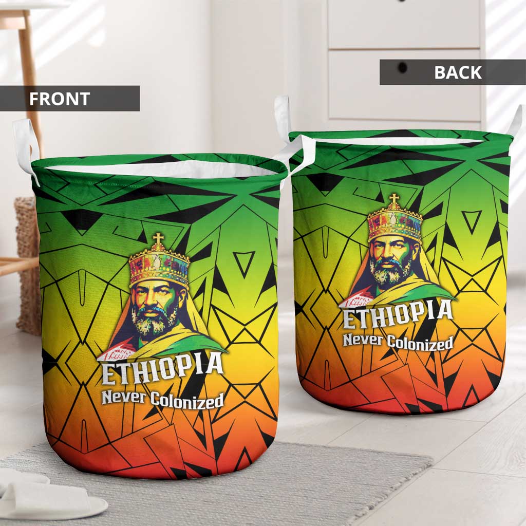 Menelik II Laundry Basket with Crowned Portrait, Ethiopia Never Colonized Text and Pan-African Abstract - African Pride