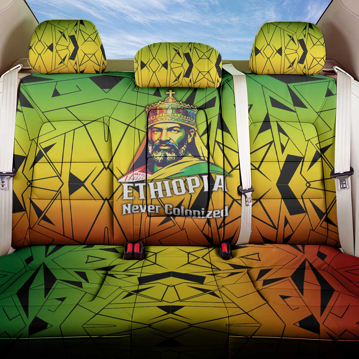 Menelik II Back Car Seat Cover with Crowned Portrait, Ethiopia Never Colonized Text and Pan-African Abstract - African Pride