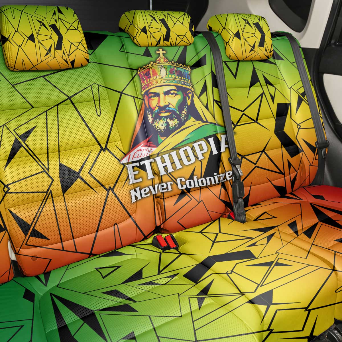 Menelik II Back Car Seat Cover with Crowned Portrait, Ethiopia Never Colonized Text and Pan-African Abstract - African Pride