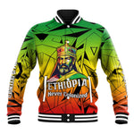 Menelik II Baseball Jacket with Crowned Portrait, Ethiopia Never Colonized Text and Pan-African Abstract - African Pride