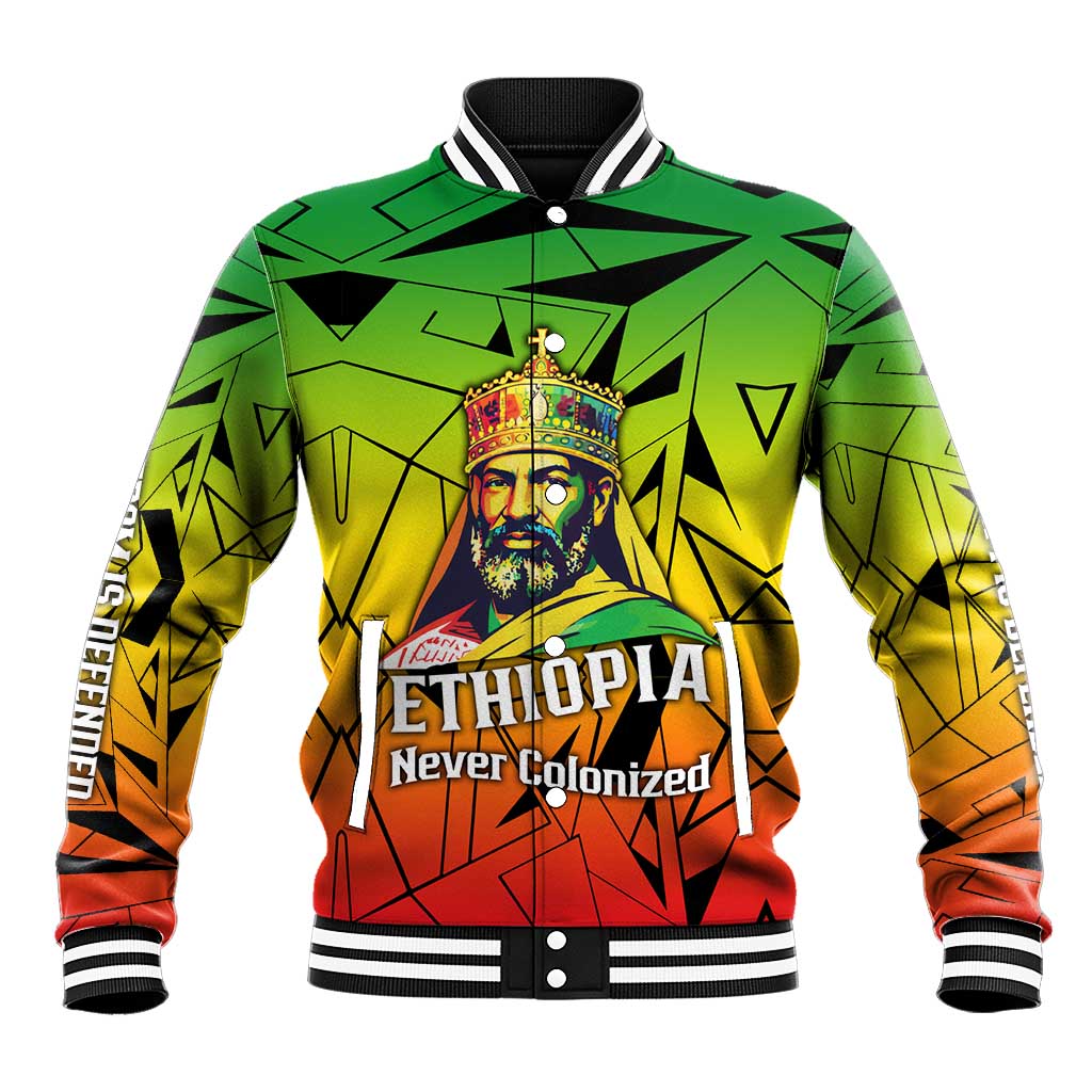 Menelik II Baseball Jacket with Crowned Portrait, Ethiopia Never Colonized Text and Pan-African Abstract - African Pride