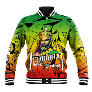 Menelik II Baseball Jacket with Crowned Portrait, Ethiopia Never Colonized Text and Pan-African Abstract - African Pride