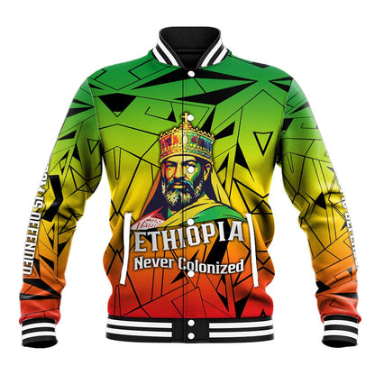 Menelik II Baseball Jacket with Crowned Portrait, Ethiopia Never Colonized Text and Pan-African Abstract - African Pride