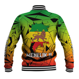 Menelik II Baseball Jacket with Crowned Portrait, Ethiopia Never Colonized Text and Pan-African Abstract - African Pride