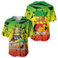 Menelik II Baseball Jersey with Crowned Portrait, Ethiopia Never Colonized Text and Pan-African Abstract - African Pride