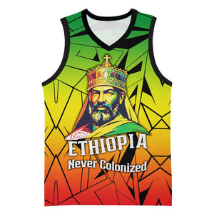 Menelik II Basketball Jersey with Crowned Portrait, Ethiopia Never Colonized Text and Pan-African Abstract - African Pride