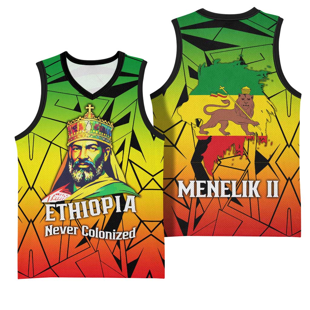 Menelik II Basketball Jersey with Crowned Portrait, Ethiopia Never Colonized Text and Pan-African Abstract - African Pride