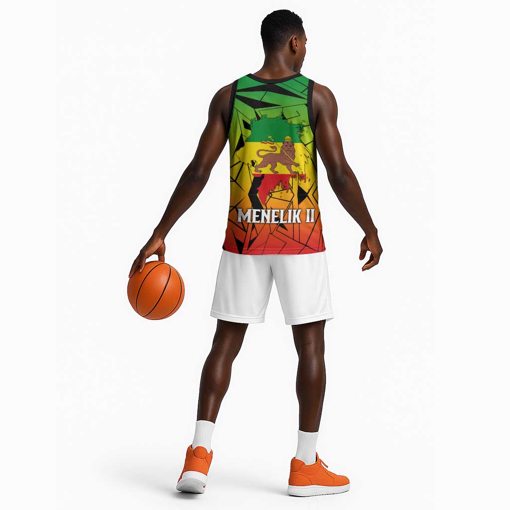 Menelik II Basketball Jersey with Crowned Portrait, Ethiopia Never Colonized Text and Pan-African Abstract - African Pride