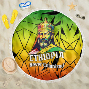 Menelik II Beach Blanket with Crowned Portrait, Ethiopia Never Colonized Text and Pan-African Abstract - African Pride