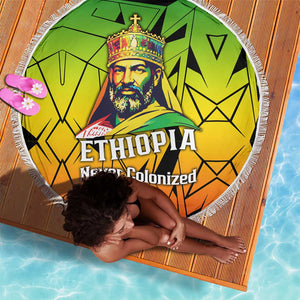 Menelik II Beach Blanket with Crowned Portrait, Ethiopia Never Colonized Text and Pan-African Abstract - African Pride