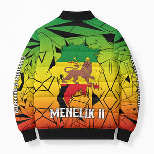 Menelik II Bomber Puffer Jacket with Crowned Portrait, Ethiopia Never Colonized Text and Pan-African Abstract - African Pride