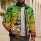 Menelik II Bomber Puffer Jacket with Crowned Portrait, Ethiopia Never Colonized Text and Pan-African Abstract - African Pride