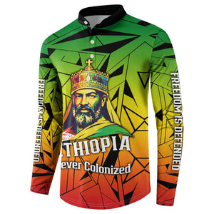 Menelik II Button Sweatshirt with Crowned Portrait, Ethiopia Never Colonized Text and Pan-African Abstract
