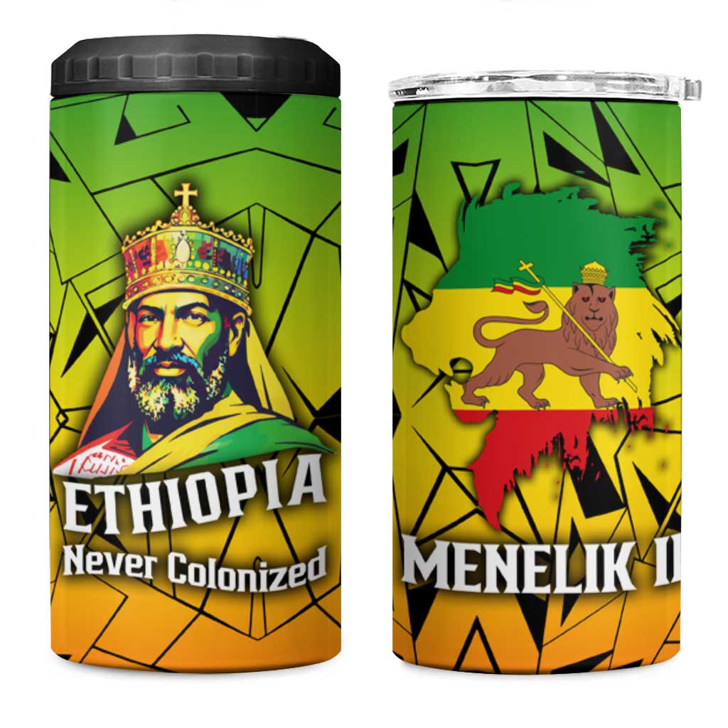 Menelik II 4 in 1 Can Cooler Tumbler with Crowned Portrait, Ethiopia Never Colonized Text and Pan-African Abstract - African Pride