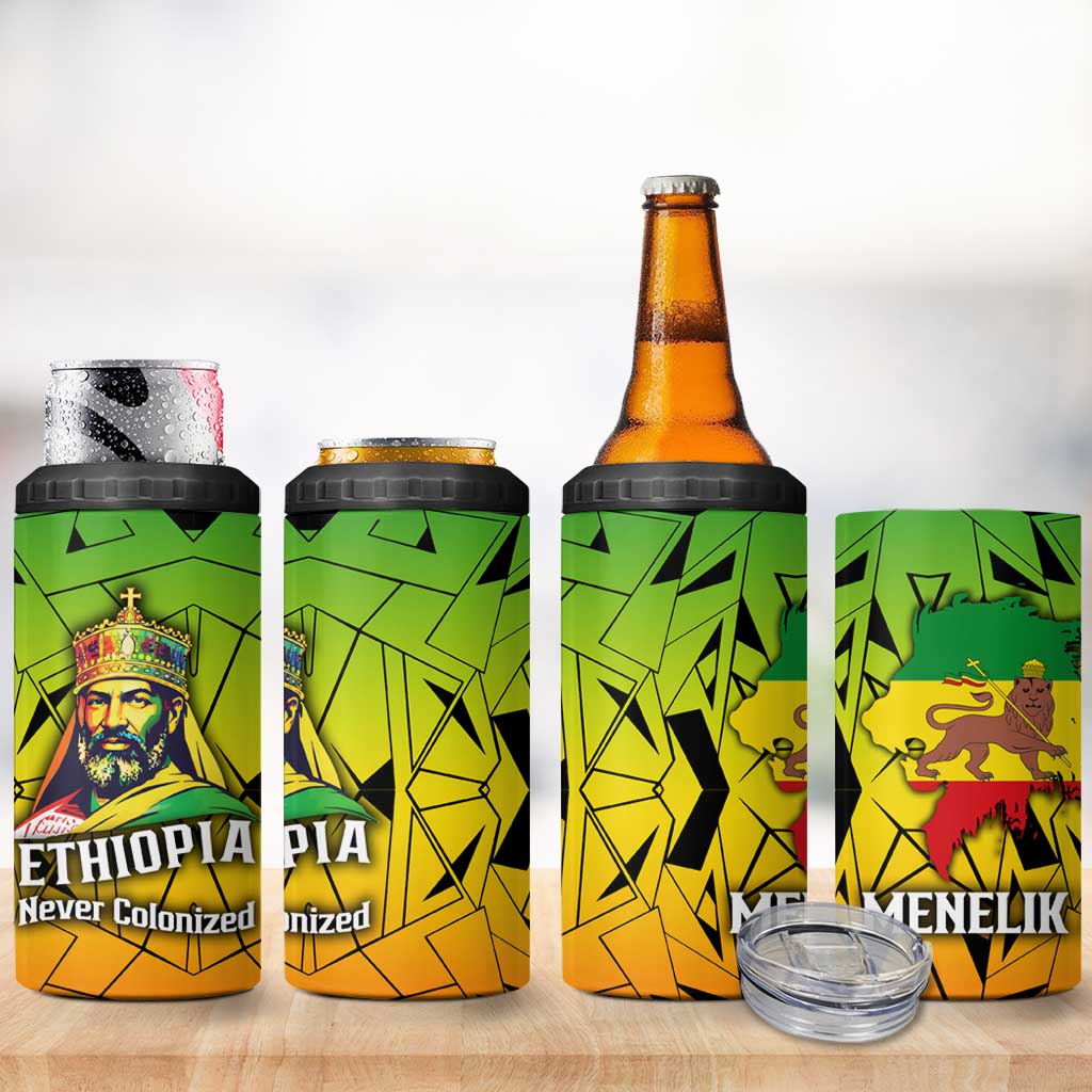 Menelik II 4 in 1 Can Cooler Tumbler with Crowned Portrait, Ethiopia Never Colonized Text and Pan-African Abstract - African Pride