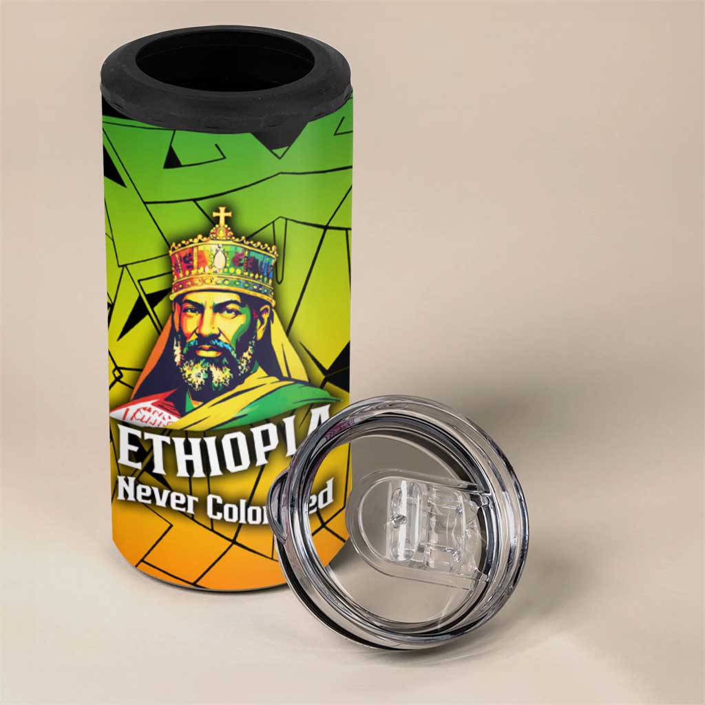 Menelik II 4 in 1 Can Cooler Tumbler with Crowned Portrait, Ethiopia Never Colonized Text and Pan-African Abstract - African Pride