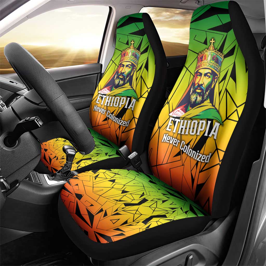 Menelik II Car Seat Cover with Crowned Portrait, Ethiopia Never Colonized Text and Pan-African Abstract - African Pride