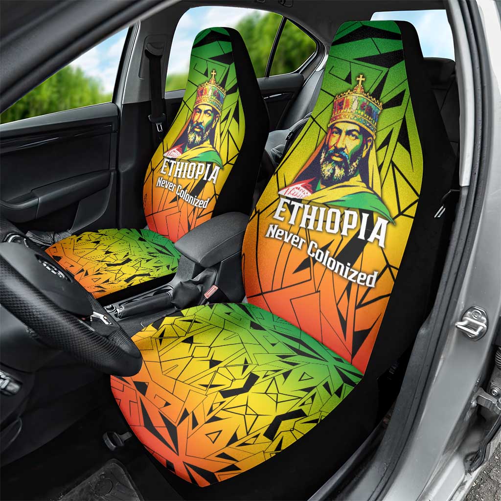Menelik II Car Seat Cover with Crowned Portrait, Ethiopia Never Colonized Text and Pan-African Abstract - African Pride