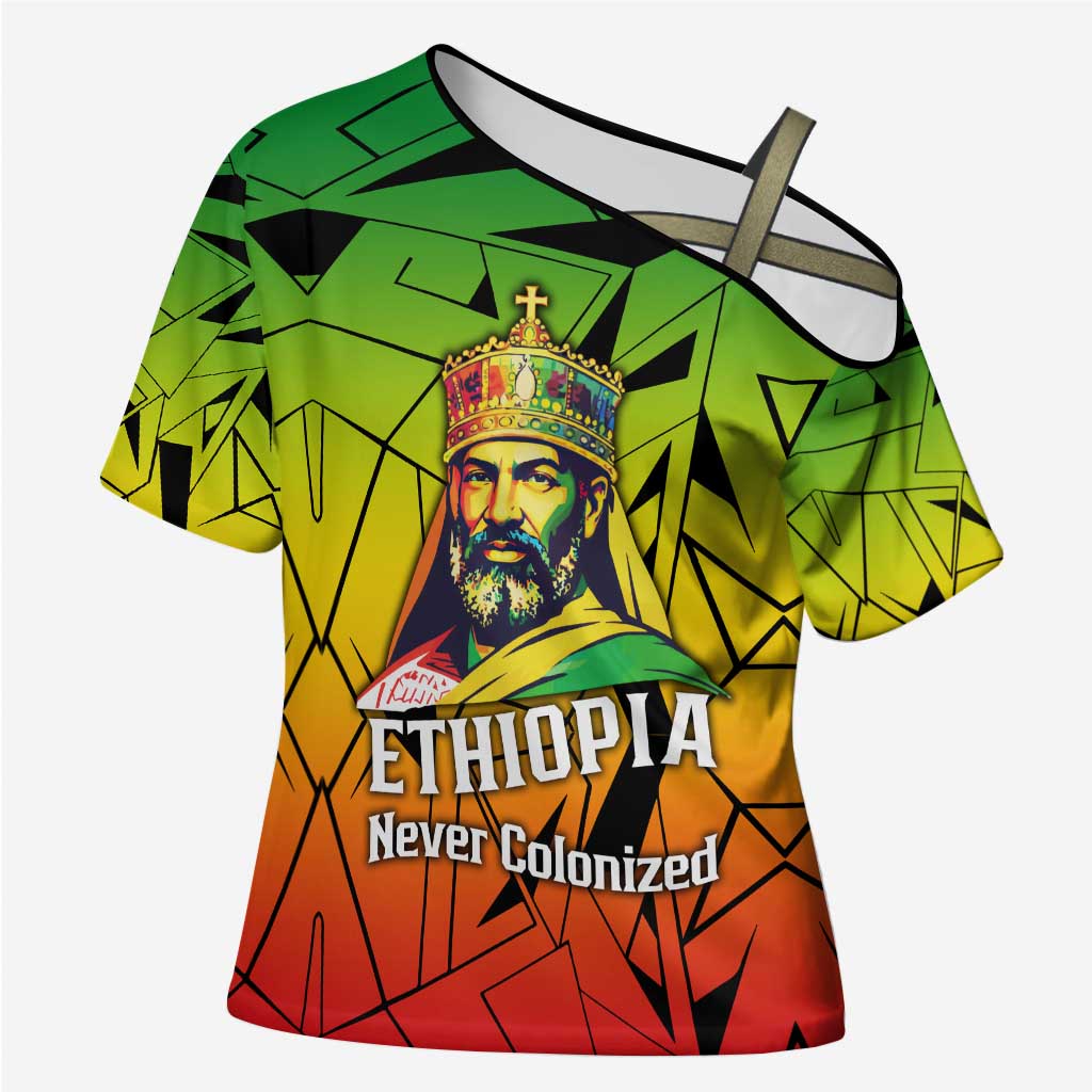 Menelik II Cross Shoulder Shirt with Crowned Portrait, Ethiopia Never Colonized Text and Pan-African Abstract - African Pride