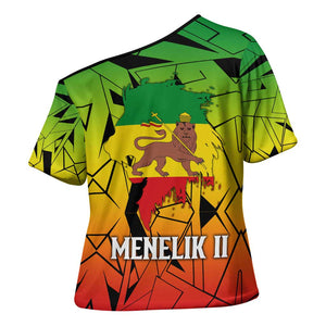 Menelik II Cross Shoulder Shirt with Crowned Portrait, Ethiopia Never Colonized Text and Pan-African Abstract - African Pride
