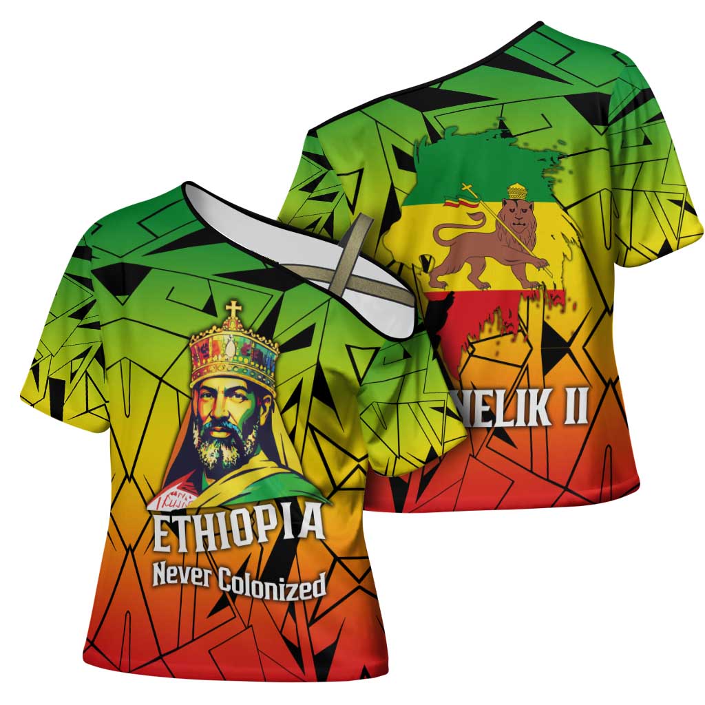 Menelik II Cross Shoulder Shirt with Crowned Portrait, Ethiopia Never Colonized Text and Pan-African Abstract - African Pride