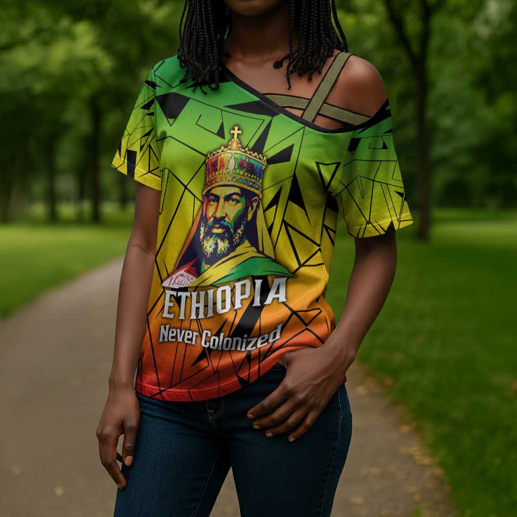Menelik II Cross Shoulder Shirt with Crowned Portrait, Ethiopia Never Colonized Text and Pan-African Abstract - African Pride