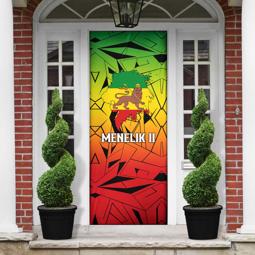 Menelik II Door Cover with Crowned Portrait, Ethiopia Never Colonized Text and Pan-African Abstract - African Pride