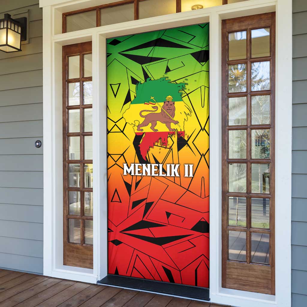 Menelik II Door Cover with Crowned Portrait, Ethiopia Never Colonized Text and Pan-African Abstract - African Pride