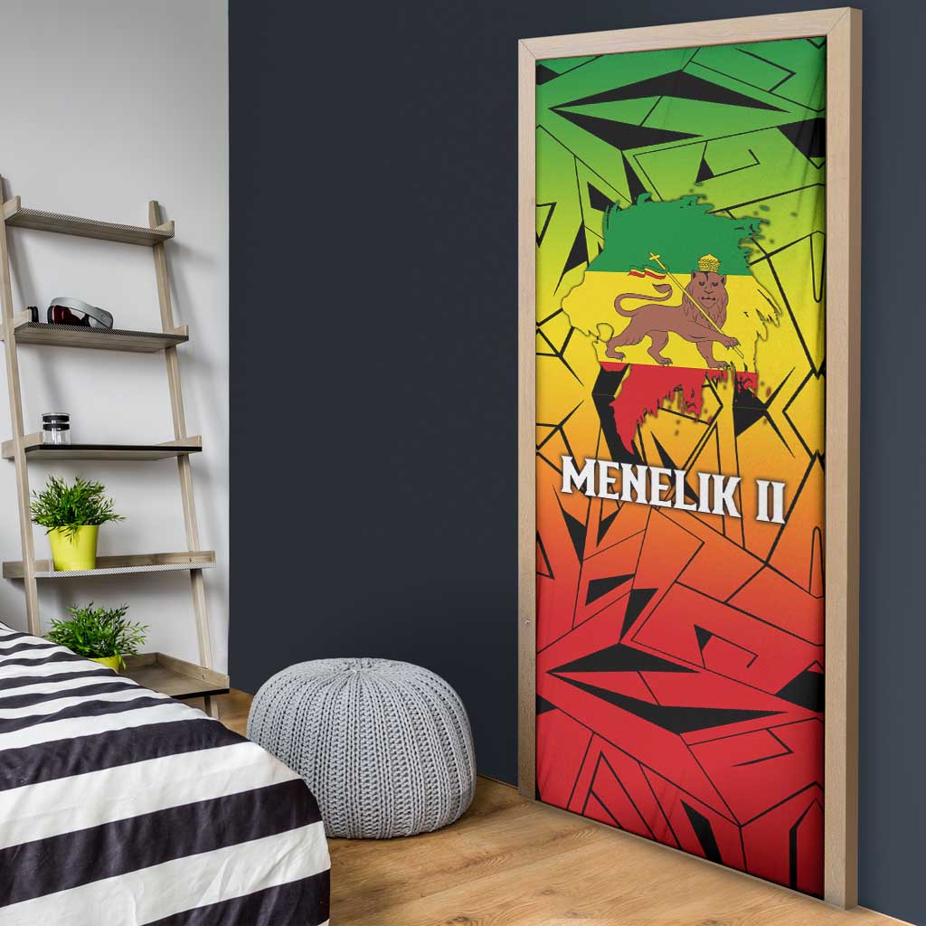 Menelik II Door Cover with Crowned Portrait, Ethiopia Never Colonized Text and Pan-African Abstract - African Pride
