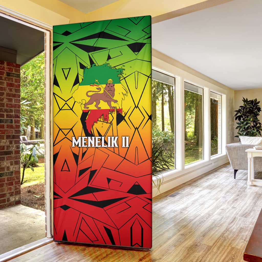 Menelik II Door Cover with Crowned Portrait, Ethiopia Never Colonized Text and Pan-African Abstract - African Pride