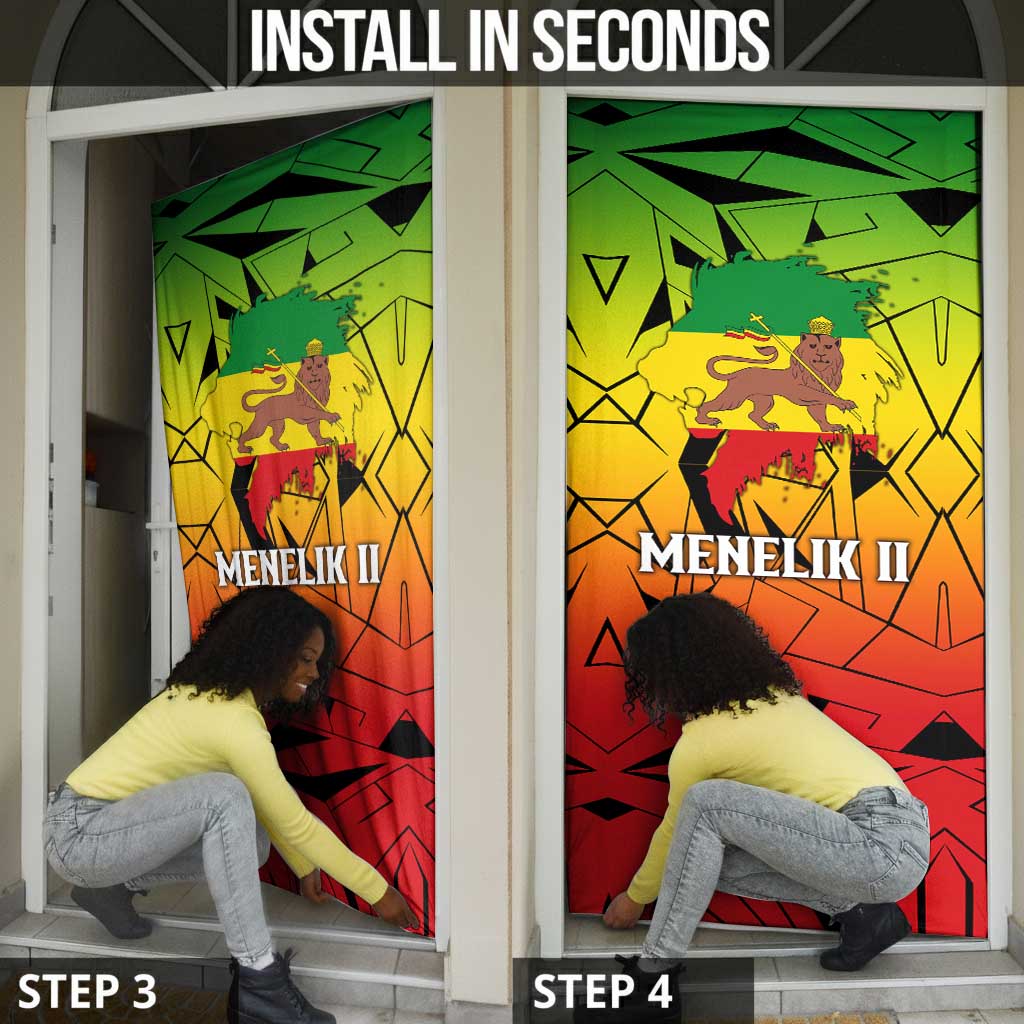 Menelik II Door Cover with Crowned Portrait, Ethiopia Never Colonized Text and Pan-African Abstract - African Pride