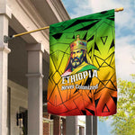 Menelik II Garden Flag with Crowned Portrait, Ethiopia Never Colonized Text and Pan-African Abstract - African Pride