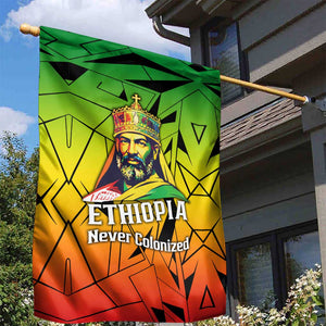 Menelik II Garden Flag with Crowned Portrait, Ethiopia Never Colonized Text and Pan-African Abstract - African Pride