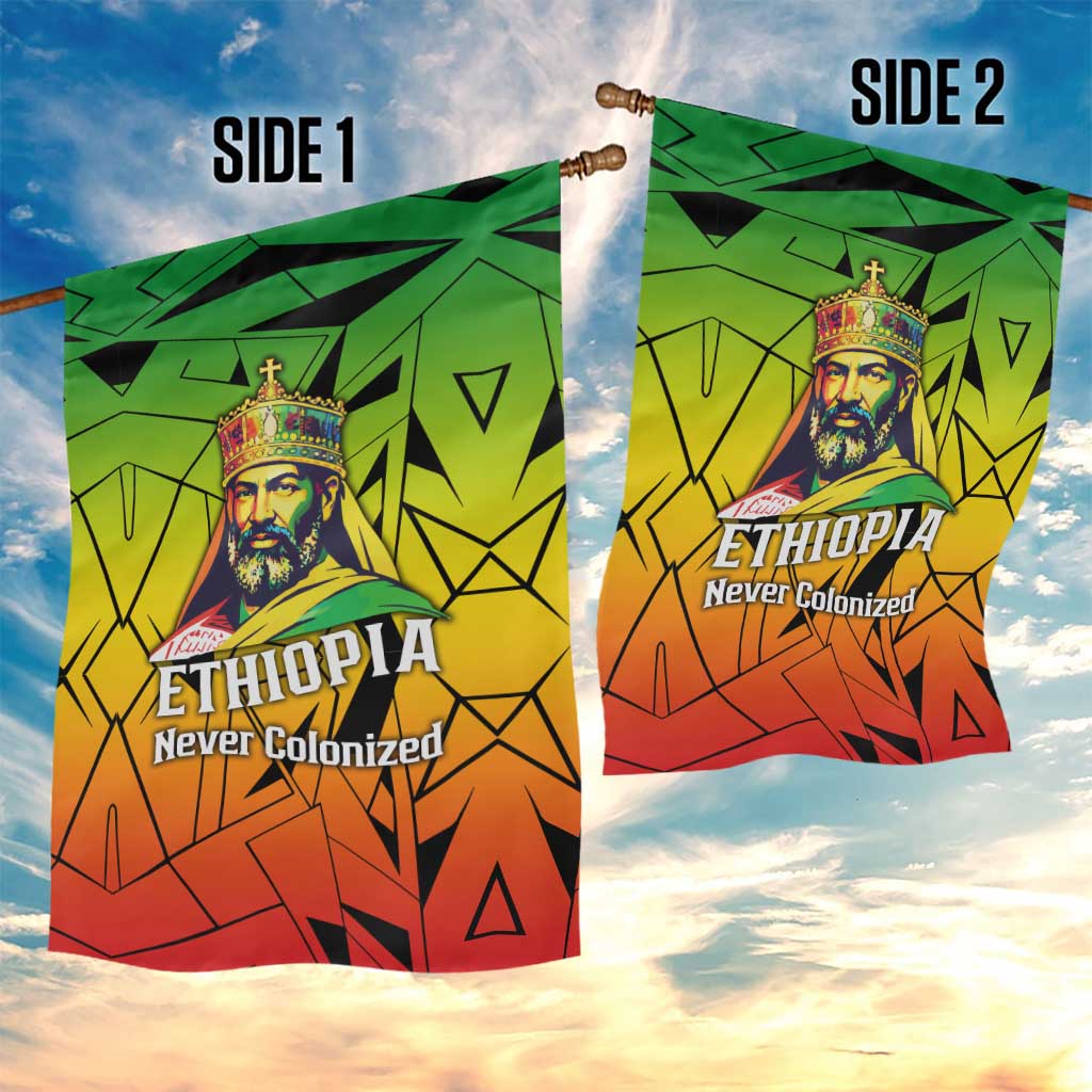 Menelik II Garden Flag with Crowned Portrait, Ethiopia Never Colonized Text and Pan-African Abstract - African Pride