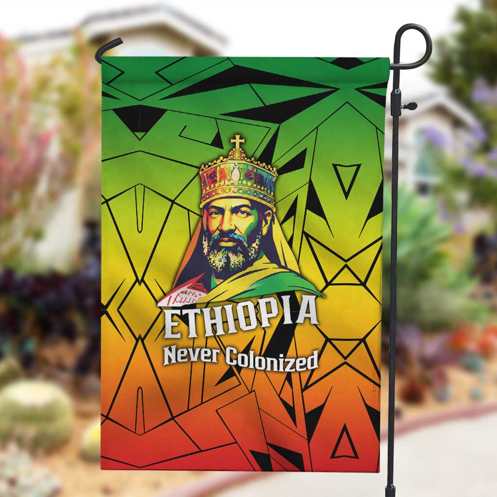 Menelik II Garden Flag with Crowned Portrait, Ethiopia Never Colonized Text and Pan-African Abstract - African Pride