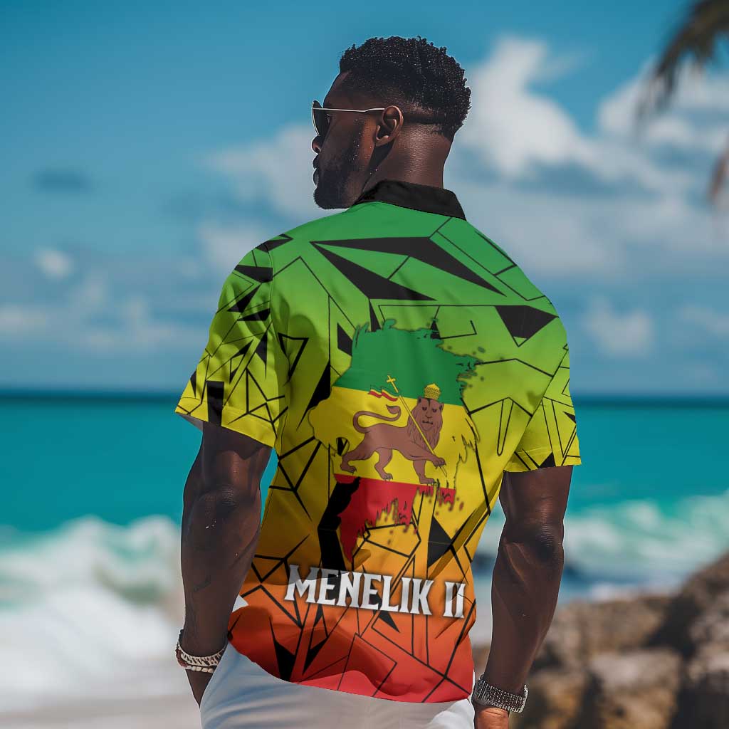 Menelik II Hawaiian Shirt with Crowned Portrait, Ethiopia Never Colonized Text and Pan-African Abstract - African Pride