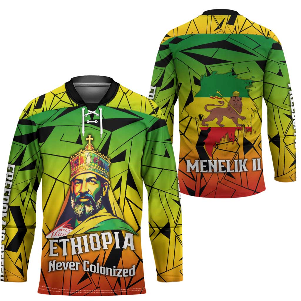 Menelik II Hockey Jersey with Crowned Portrait, Ethiopia Never Colonized Text and Pan-African Abstract - African Pride