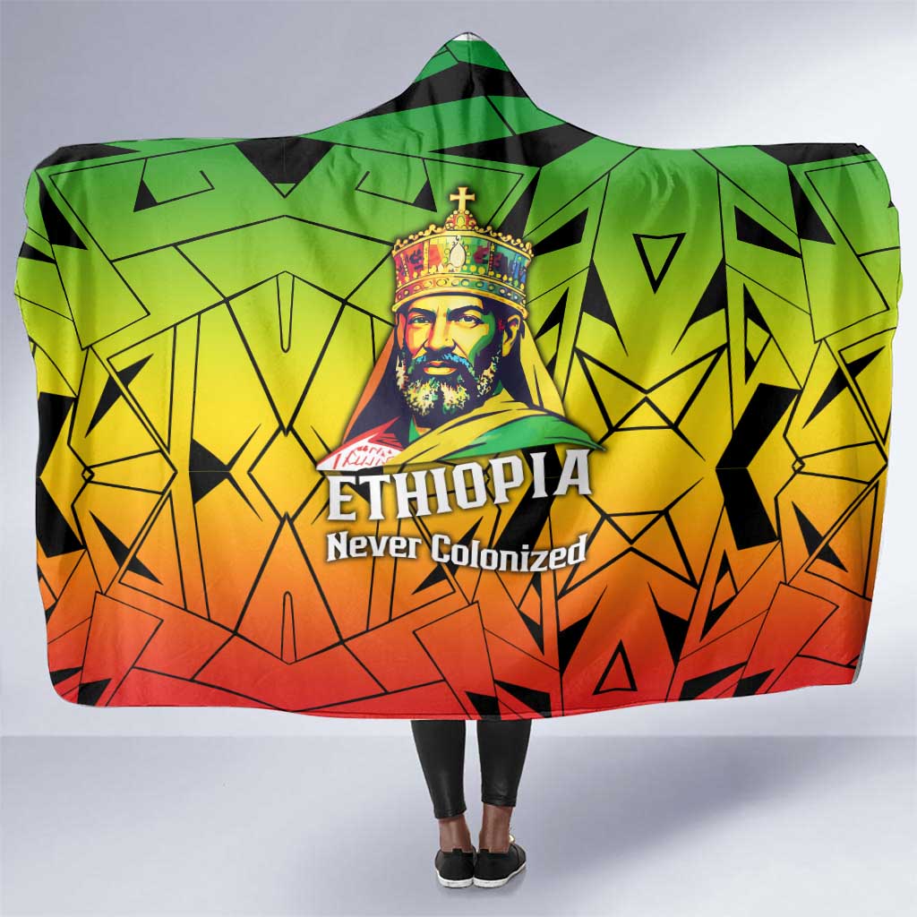 Menelik II Hooded Blanket with Crowned Portrait, Ethiopia Never Colonized Text and Pan-African Abstract - African Pride