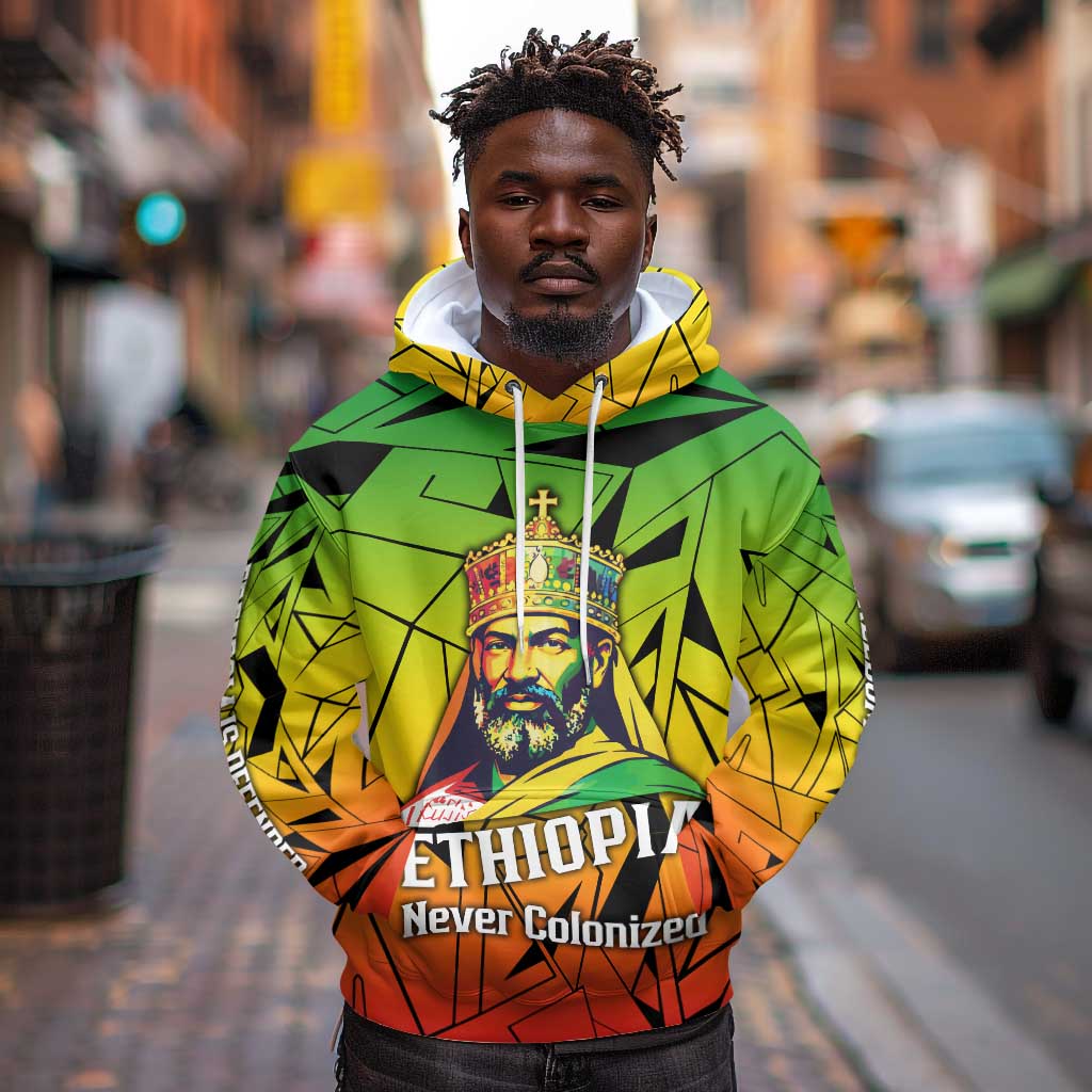 Menelik II Hoodie with Crowned Portrait, Ethiopia Never Colonized Text and Pan-African Abstract - African Pride