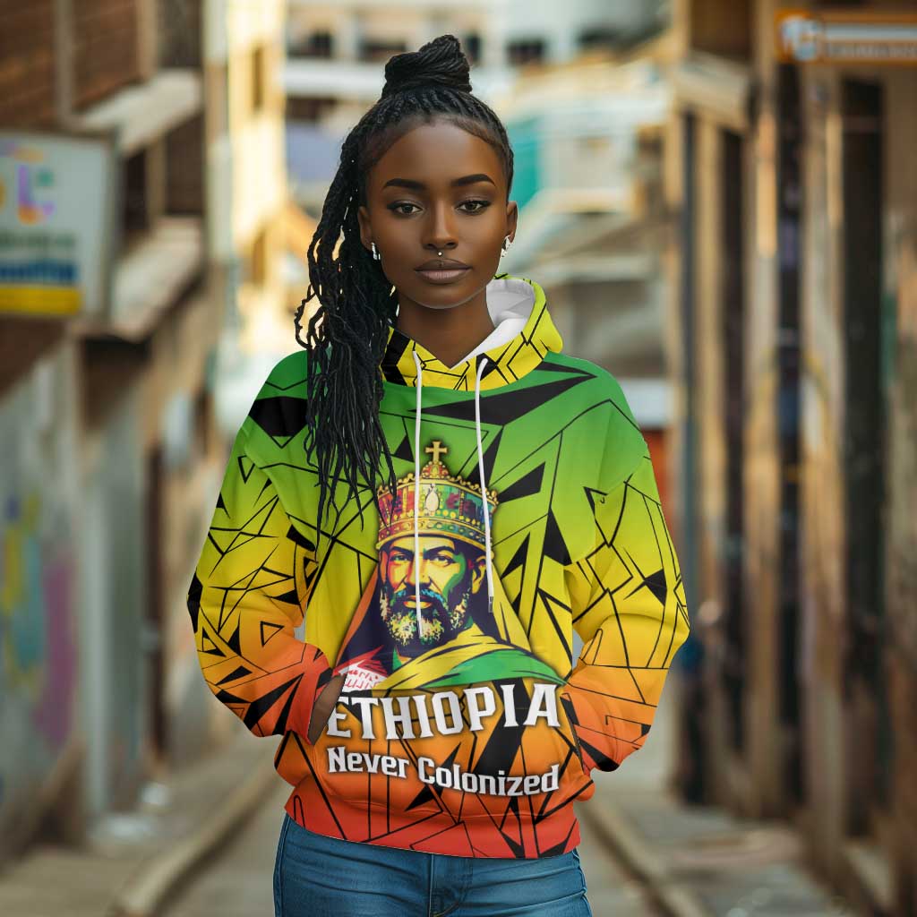 Menelik II Hoodie with Crowned Portrait, Ethiopia Never Colonized Text and Pan-African Abstract - African Pride