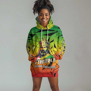 Menelik II Hoodie Dress with Crowned Portrait, Ethiopia Never Colonized Text and Pan-African Abstract - African Pride