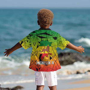 Menelik II Kid Hawaiian Shirt with Crowned Portrait, Ethiopia Never Colonized Text and Pan-African Abstract - African Pride