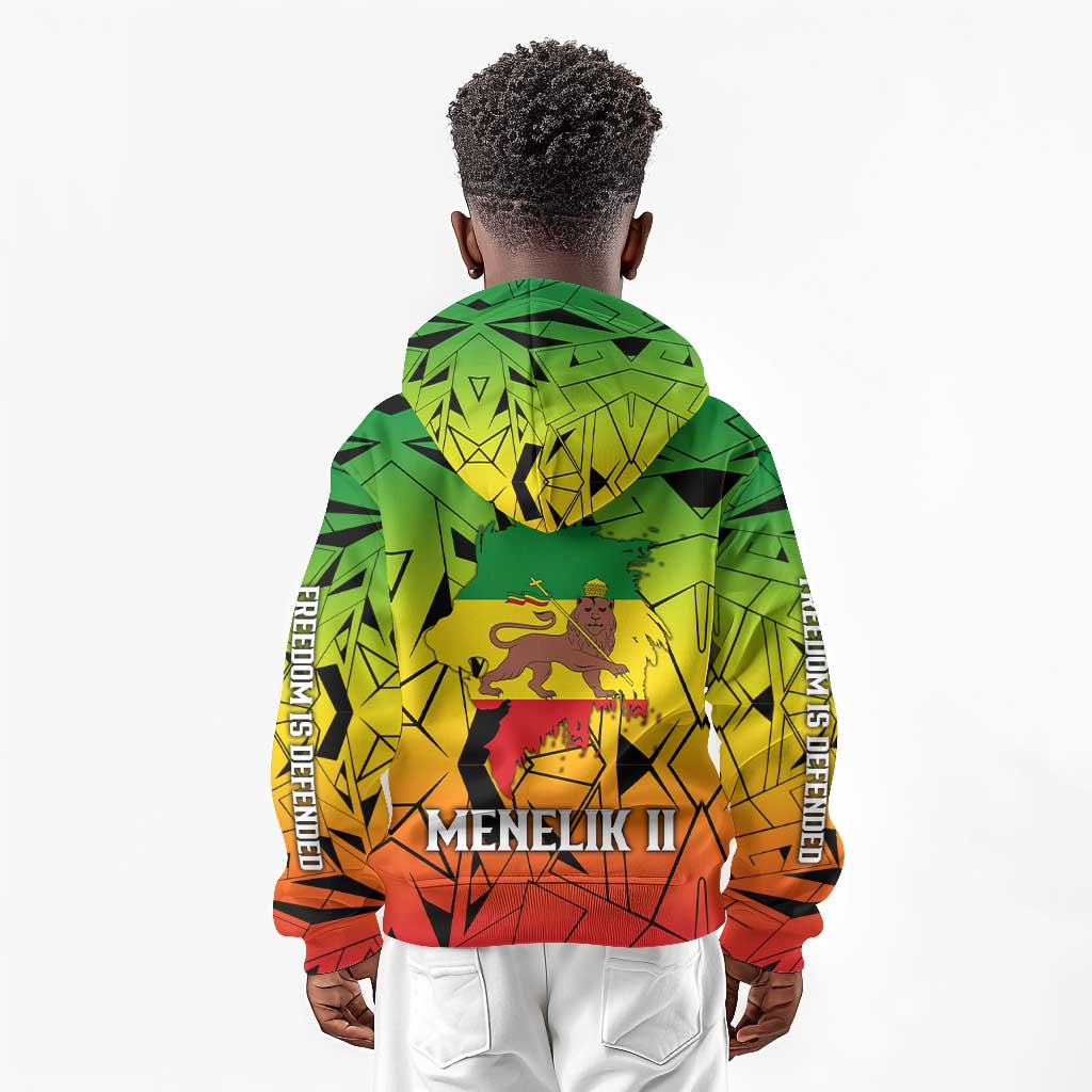 Menelik II Kid Hoodie with Crowned Portrait, Ethiopia Never Colonized Text and Pan-African Abstract - African Pride