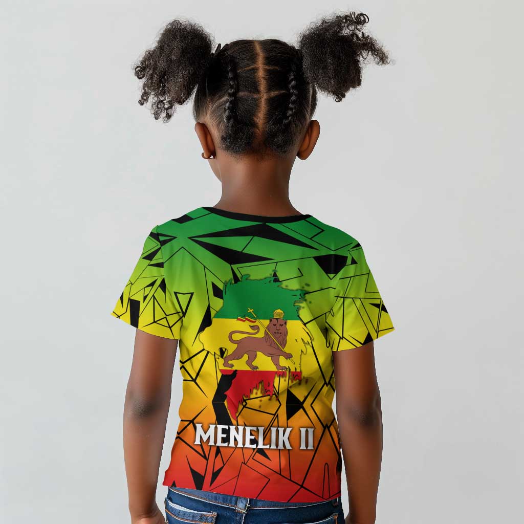 Menelik II Kid T shirt with Crowned Portrait, Ethiopia Never Colonized Text and Pan-African Abstract - African Pride