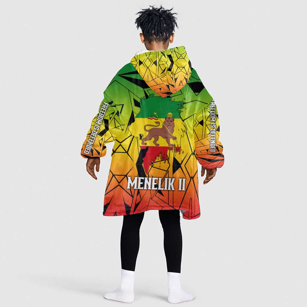 Menelik II Kid Wearable Blanket Hoodie with Crowned Portrait, Ethiopia Never Colonized Text and Pan-African Abstract - African Pride