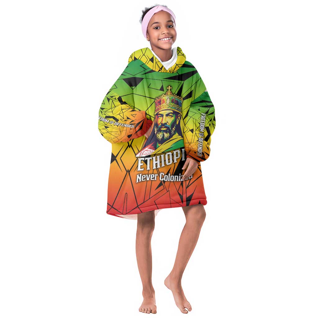 Menelik II Kid Wearable Blanket Hoodie with Crowned Portrait, Ethiopia Never Colonized Text and Pan-African Abstract - African Pride