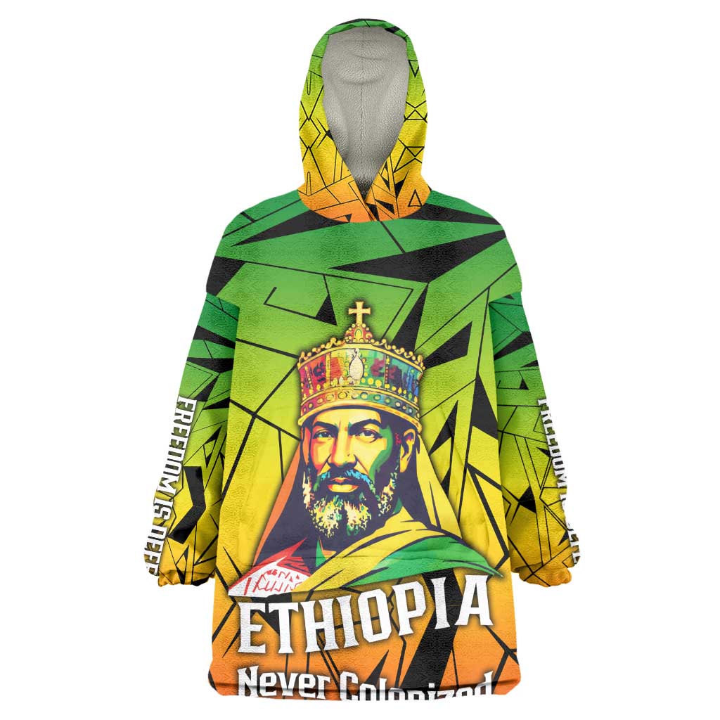 Menelik II Kid Wearable Blanket Hoodie with Crowned Portrait, Ethiopia Never Colonized Text and Pan-African Abstract - African Pride