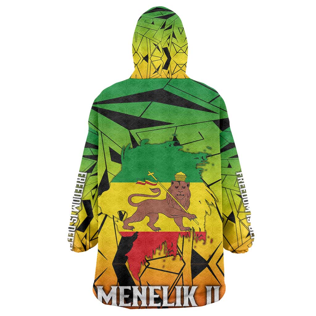 Menelik II Kid Wearable Blanket Hoodie with Crowned Portrait, Ethiopia Never Colonized Text and Pan-African Abstract - African Pride