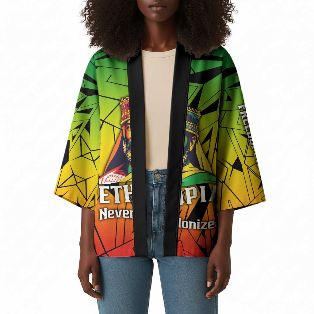 Menelik II Kimono with Crowned Portrait, Ethiopia Never Colonized Text and Pan-African Abstract - African Pride